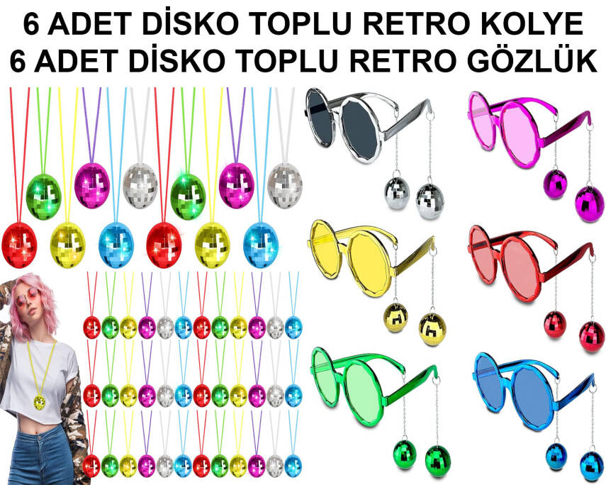 12 Parça Renkli Disko Toplu Retro Parti Seti – 6 Kolye + 6 Gözlük - 1