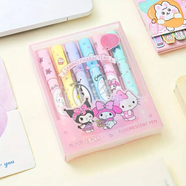 6'lı Fosforlu Kalem Seti - Sanrio Karakterleri, Kuromi, Hello Kitty - 1