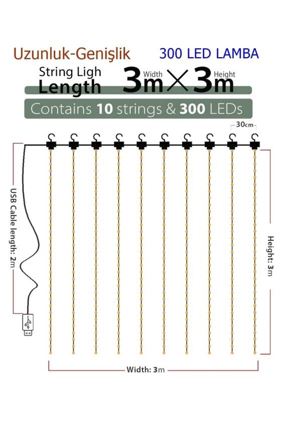 8 Fonksiyonlu Peri Perde Led Uzaktan Kumandalı Günışığı Perde Peri Led (3 mt x 3 mt) - 3
