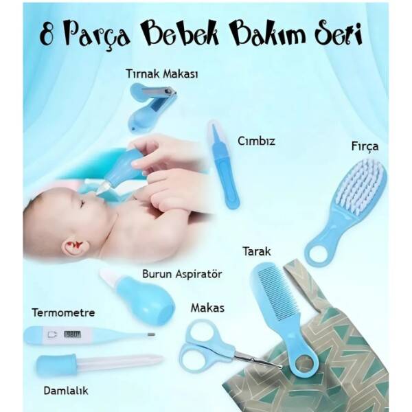 8 Parça Bebek Bakım Seti Mavi Renk - 1