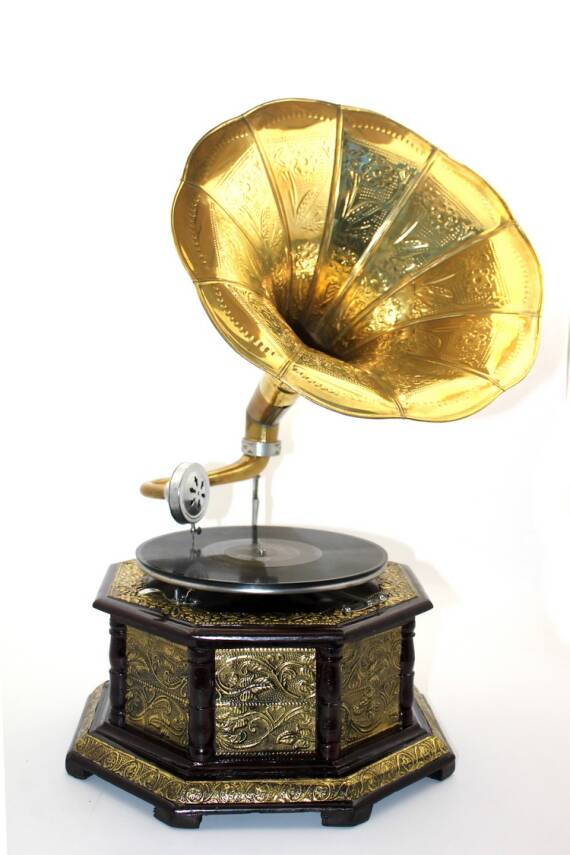 Ahşap Sekizgen Gramofon Plak Çalar Metal Kaplamalı - 1