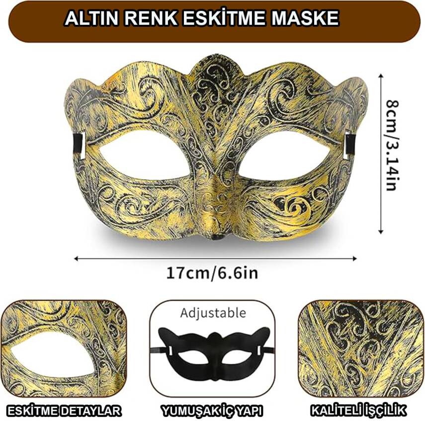 Altın Renk Eskitme Balo Maskesi – Venedik Tarzı Parti Maskesi - 1