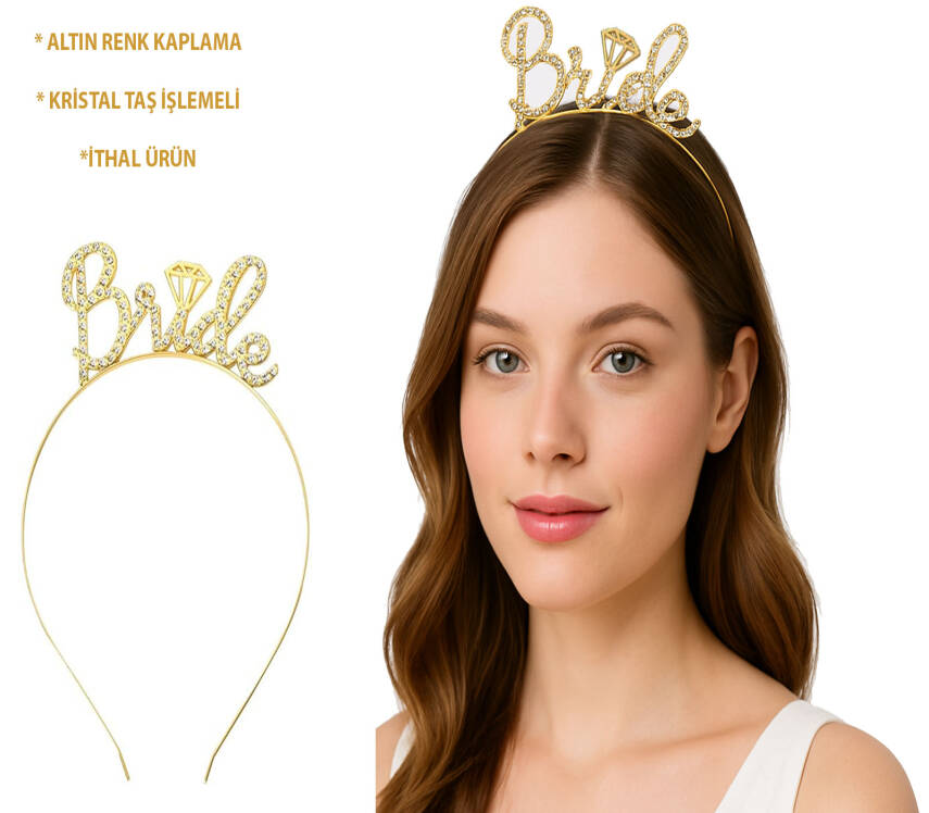 Altın Renkli Taşlı “Bride” Gelin Tacı - 1