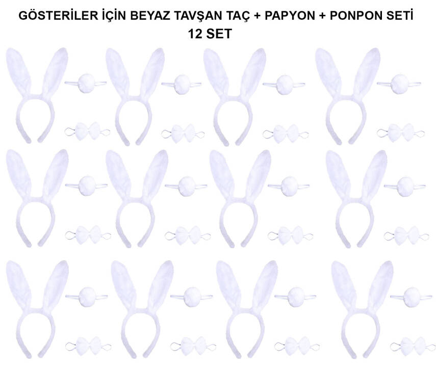 Beyaz Tavşan Kostüm Seti – Taç, Papyon, Kuyruk (12’li Paket) - 1
