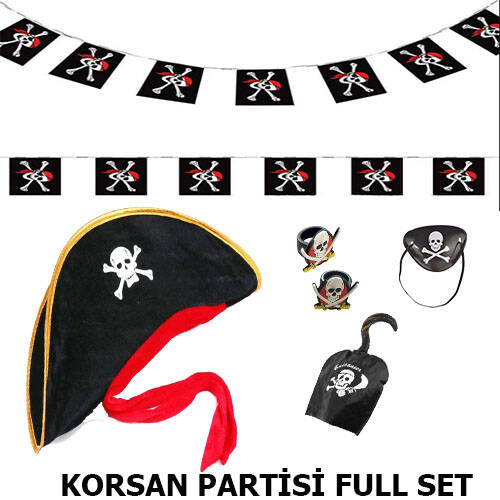 Çocuk Korsan Şapkası + Kancası + Göz Bandı + 2 Adet Yüzük + Afiş Seti - 1