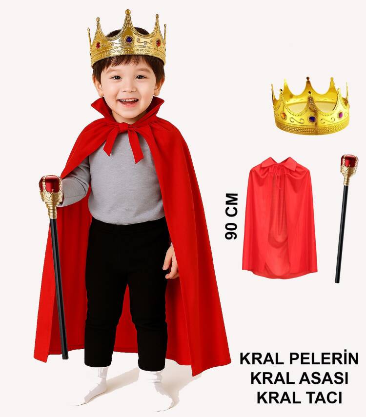 Çocuk Kral Kostüm Seti – Kırmızı Pelerin, Taç ve Asa (90 cm) - 1