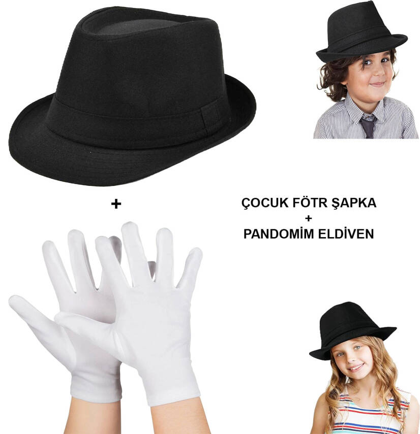 Çocuk Sahne Performans Seti – Gösteri Fötr Şapka ve Eldiven - 1