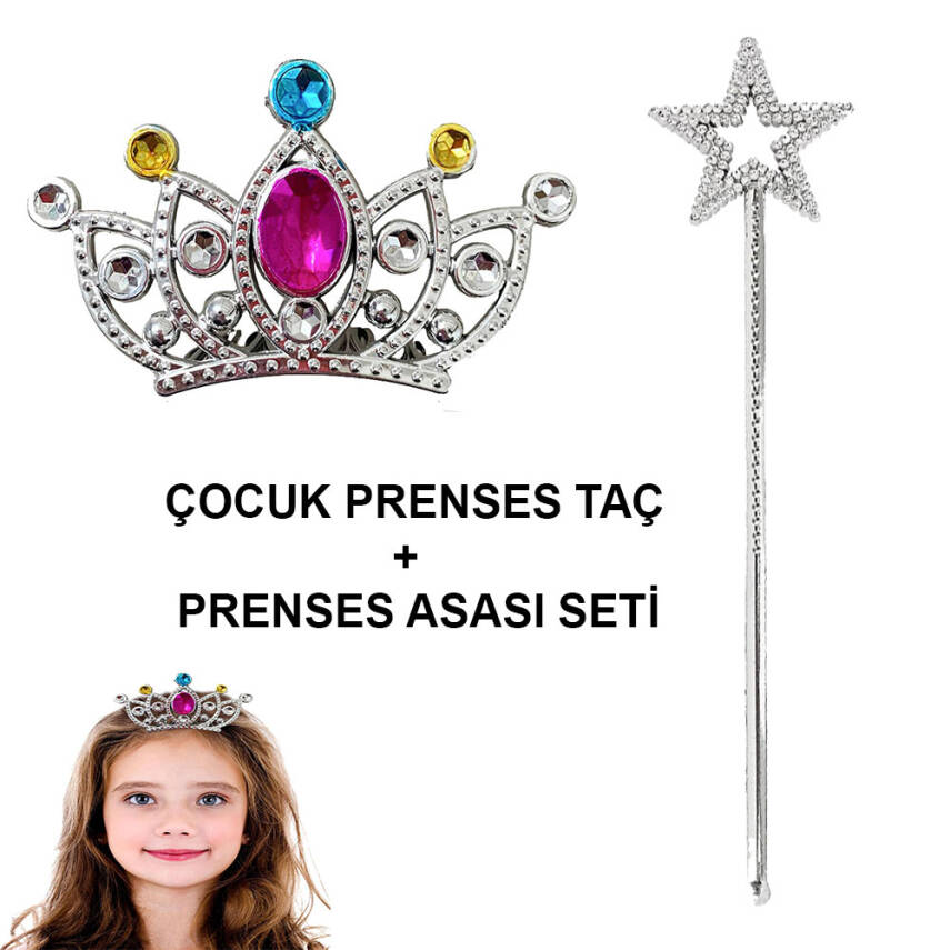 Çocuklar İçin Taraklı Prenses Tacı ve Prenses Yıldız Asa Seti Gümüş - 1