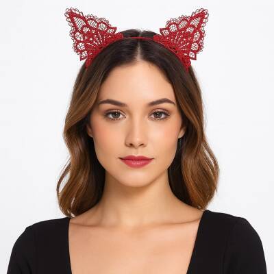 Dantelli Kırmızı Kedi Tacı - Vintage Tarz Dantel Kedi Kulak - 1