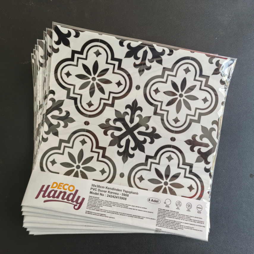 DecoHandy Pvc Duvar Karosu 30x30cm 4'lü Paket - Siyah Beyaz Çini Desen 0,36m2 - 1