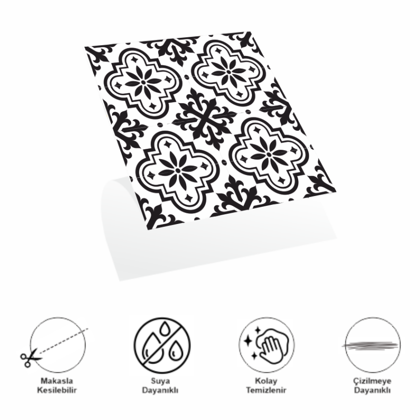 DecoHandy Pvc Duvar Karosu 30x30cm 4'lü Paket - Siyah Beyaz Çini Desen 0,36m2 - 2