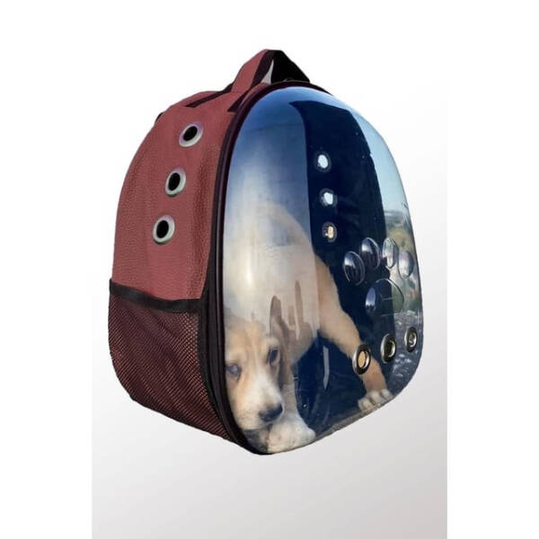 Deri Astronot Kedi Ve Köpek Taşıma Çantası Bordo Renk - 1