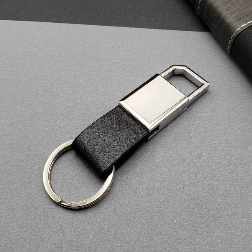 Deri Siyah Gümüş Metal Anahtarlık - 1
