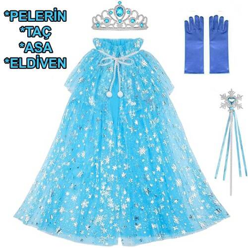 Frozen Elsa Pelerin Taç Asa ve Eldiven Seti 80 cm - 2