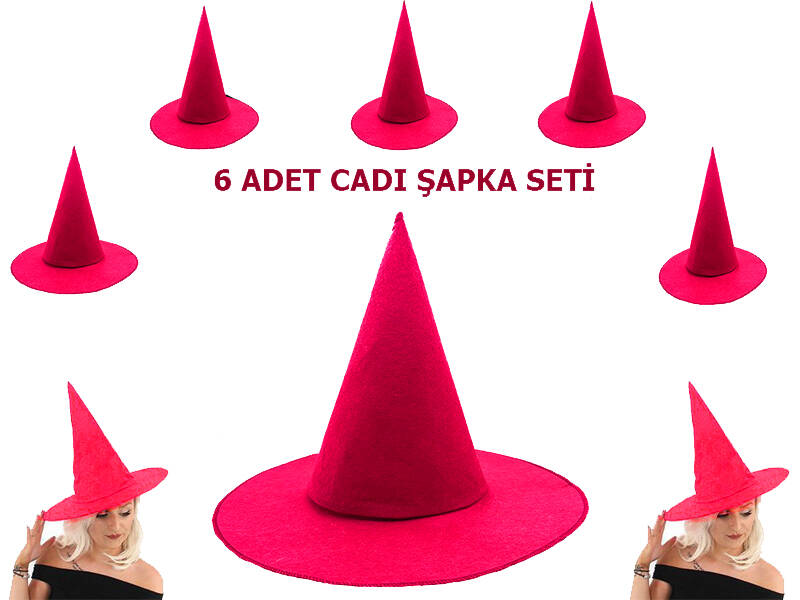 Fuşya Renk Keçe Cadı Şapkası 6 Adet - 1