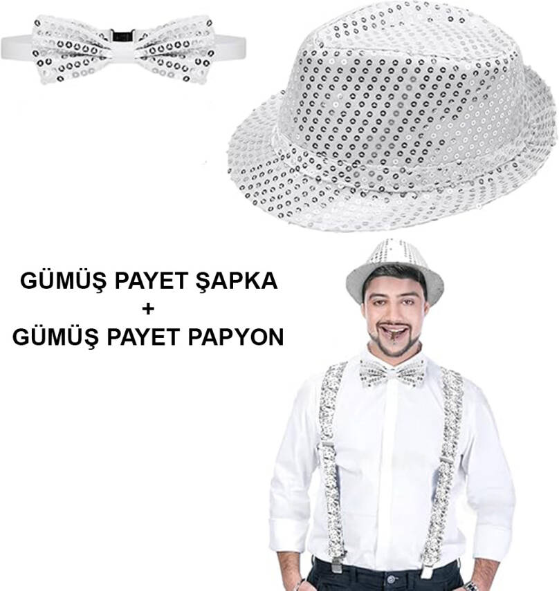 Gümüş Payetli Şapka ve Papyon Seti – Parıltılı Yetişkin Kostüm Seti - 1