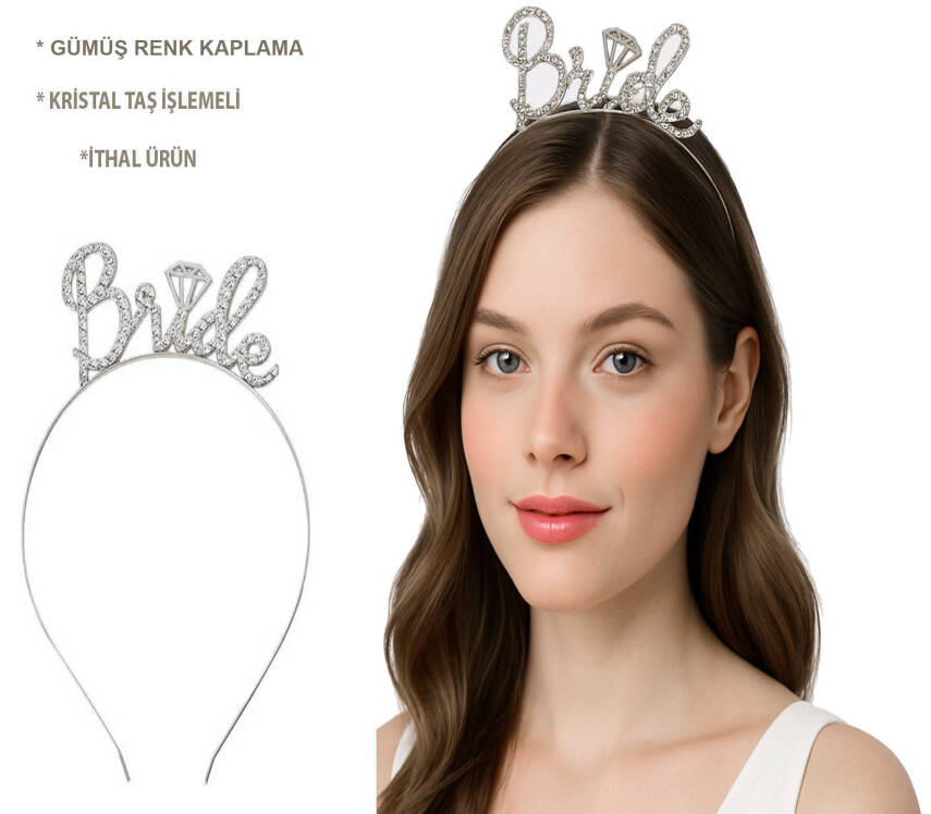 Gümüş Renkli Taşlı “Bride” Gelin Tacı - 1