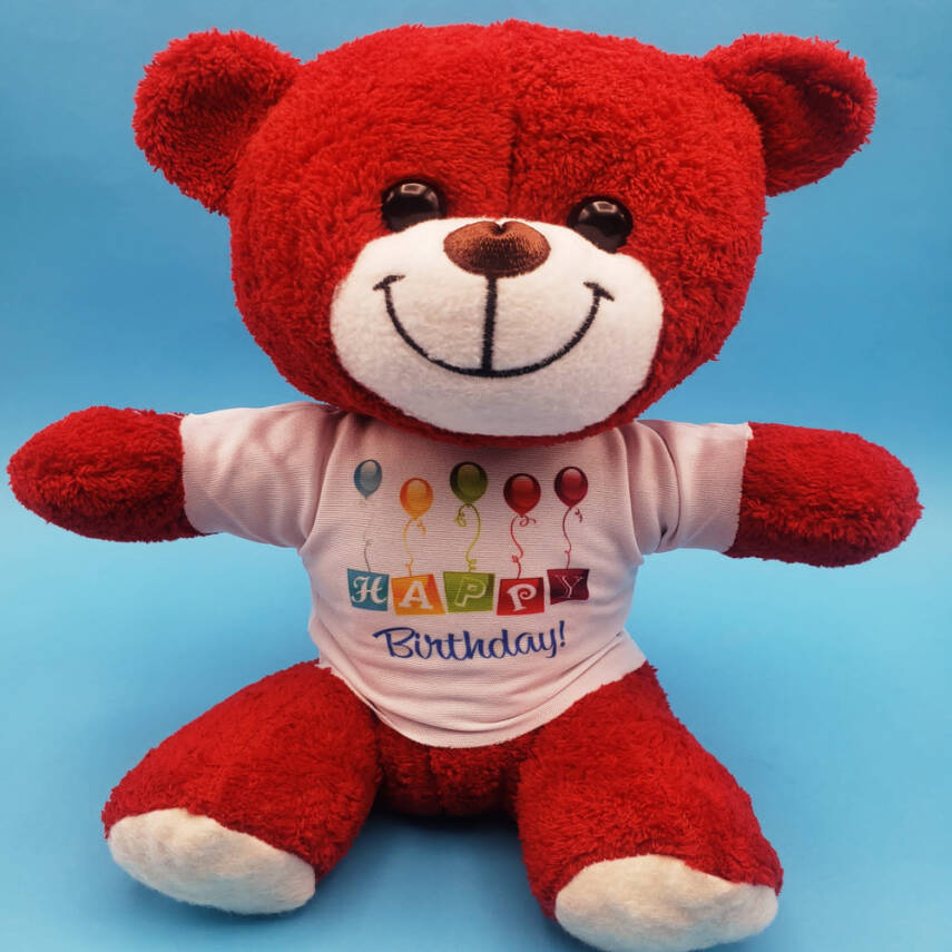 Happy Birthday Tişörtlü Peluş Kırmızı Ayıcık - 1