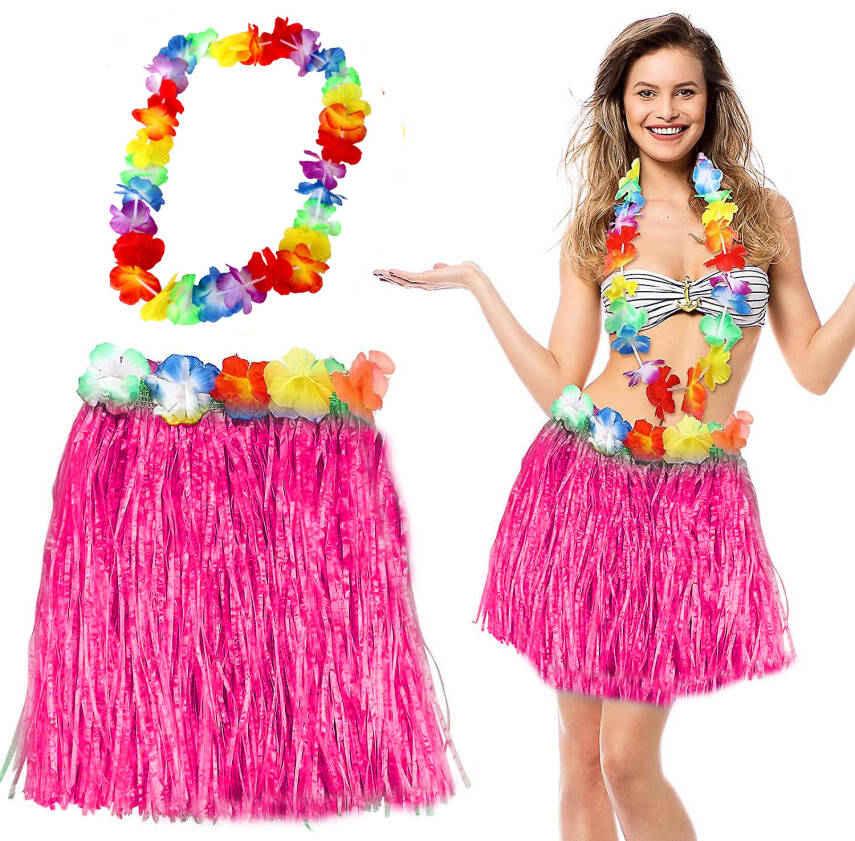 Hawaii Luau Aloha Pembe Püsküllü 40 cm Etek ve Hawaii Kolye Seti - 1