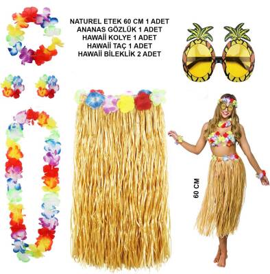 Hawaii Parti Kostüm Seti - 60 cm Hasır Etek, Çiçekli Aksesuarlar ve Ananas Gözlük - 1