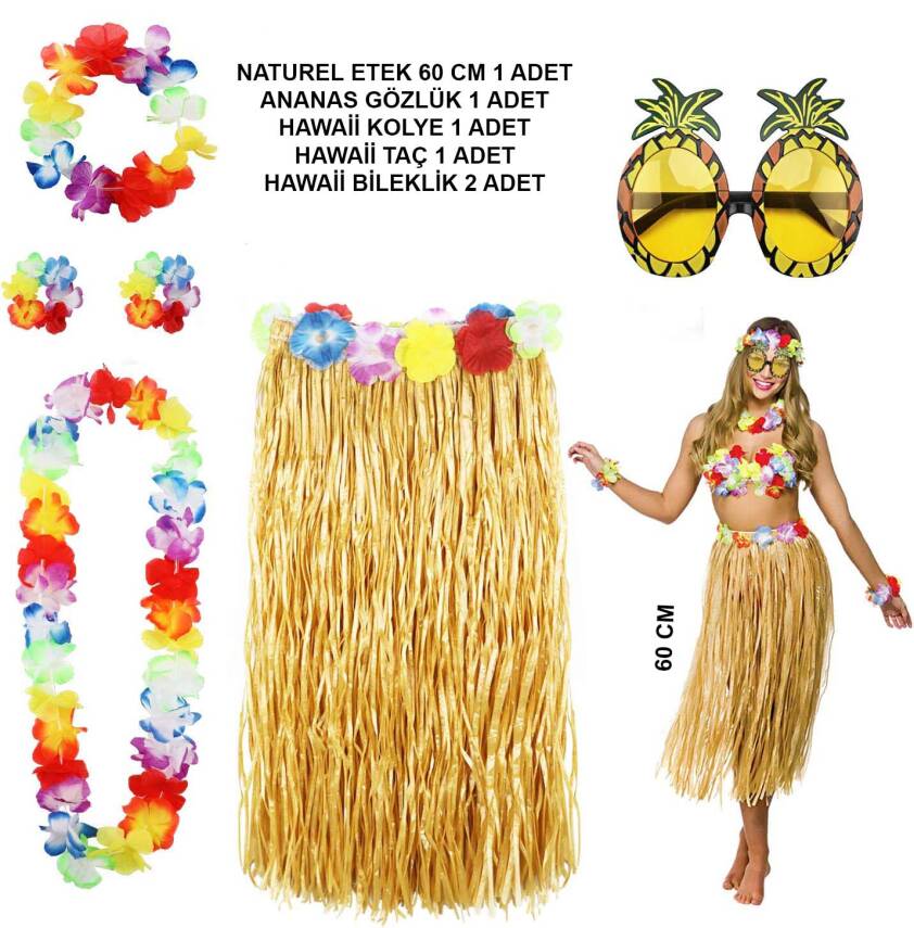 Hawaii Parti Kostüm Seti - 60 cm Hasır Etek, Çiçekli Aksesuarlar ve Ananas Gözlük - 1