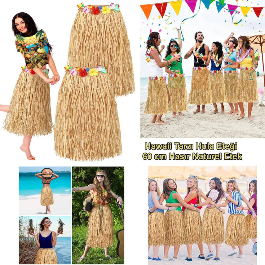 Hawaii Tarzı Hula Eteği – 60 cm Hasır Natural Etek - 1