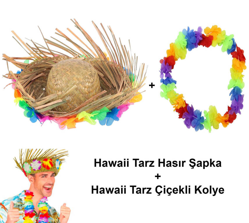 Hawaii Tarzı Set - Tropikal Çiçekli Hasır Şapka ve Çiçekli Hawaii Kolye - 1