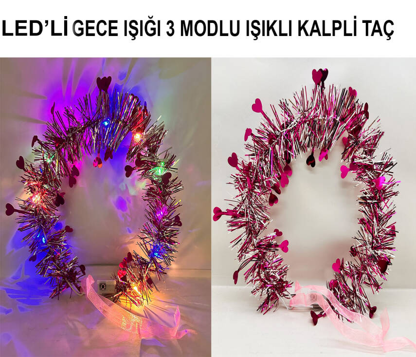 Kalp Püsküllü 3 Modlu LED Işıklı Taç Fuşya Renk - 1