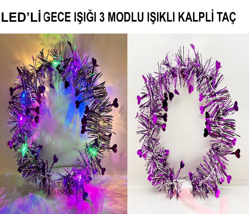 Kalp Püsküllü 3 Modlu LED Işıklı Taç Mor Renk - 1