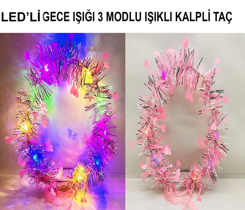 Kalp Püsküllü 3 Modlu LED Işıklı Taç Pembe Renk - 1
