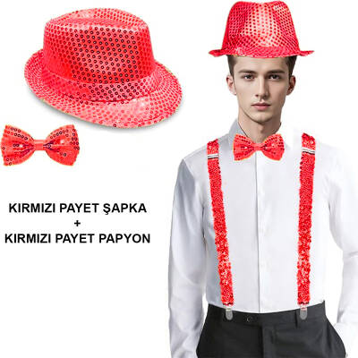 Kırmızı Payetli Şapka ve Papyon Seti – Parıltılı Yetişkin Kostüm Seti - 1