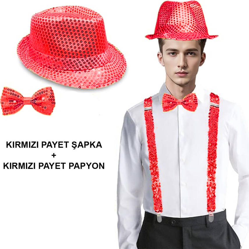 Kırmızı Payetli Şapka ve Papyon Seti – Parıltılı Yetişkin Kostüm Seti - 1