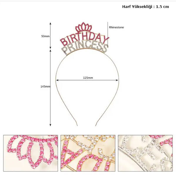 Kristal Taşlı Birthday Princess Yazılı Parti Tacı Pembe Renk - 2