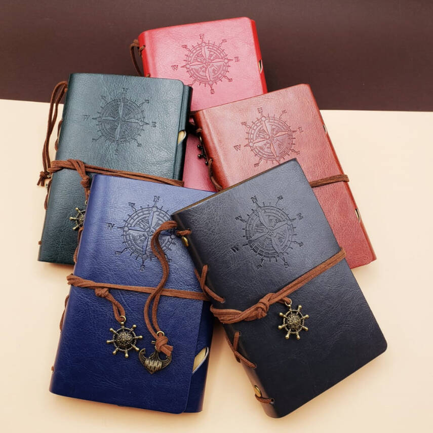 Küçük Boy Pusula Baskılı Deri Defter - 1