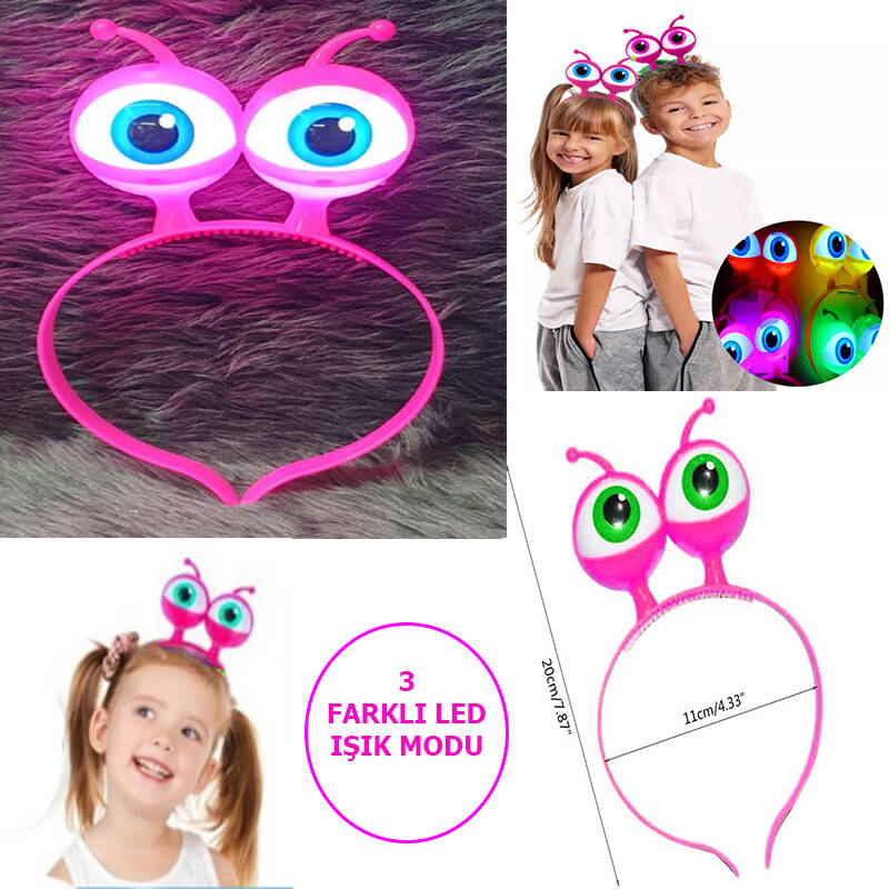 Led Işıklı & Pilli Uzaylı Göz Parti Tacı Pembe Renk - 1
