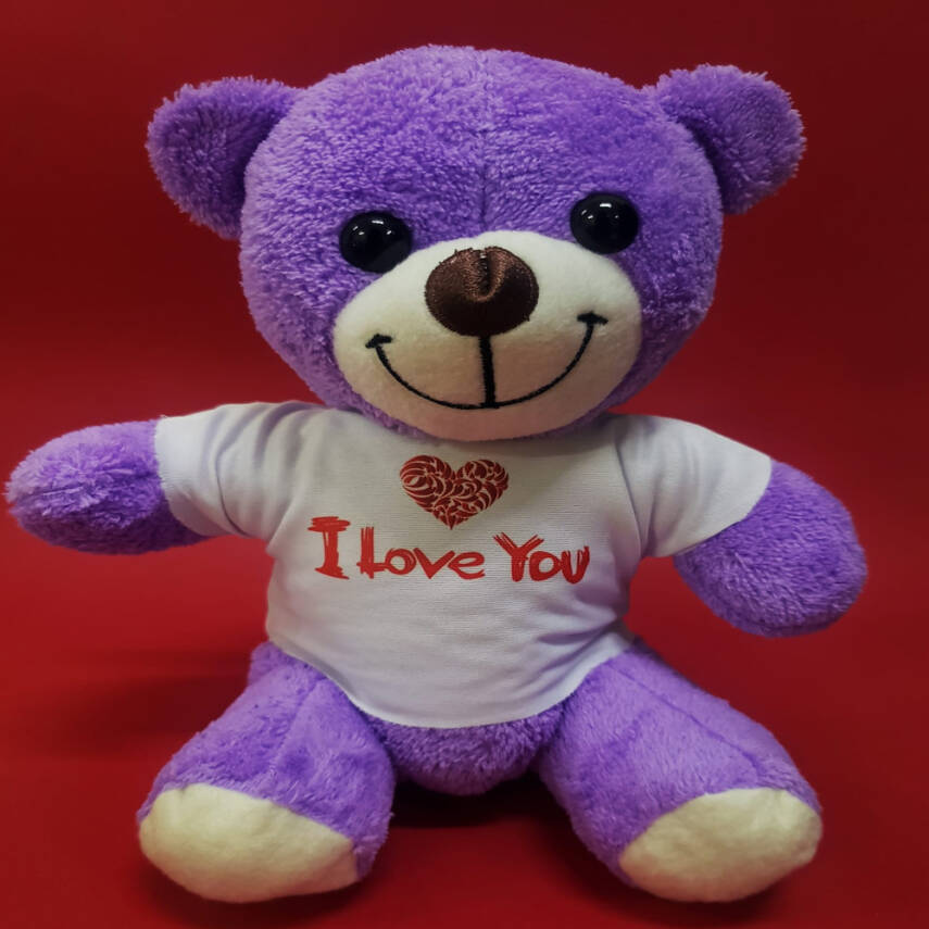 Mor I Love You Tişörtlü Peluş Ayıcık - 1