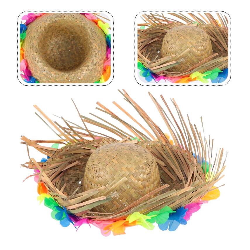 Natural Renkli Püsküllü Örme Hasır Hawaii Şapka - 1