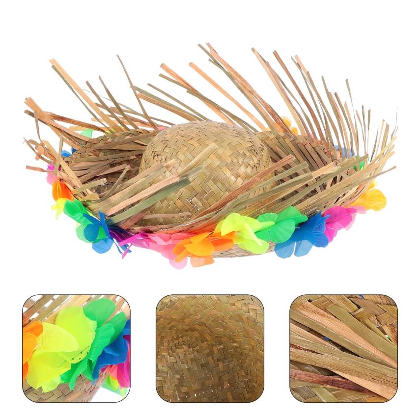 Natural Renkli Püsküllü Örme Hasır Hawaii Şapka - 3