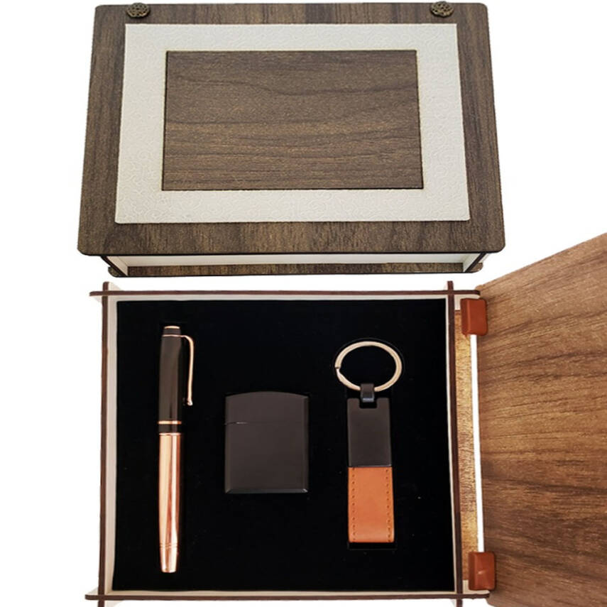 Özel Ahşap Kutulu Bakır Roller Kalem, Anahtarlık ve Çakmak Set - 1