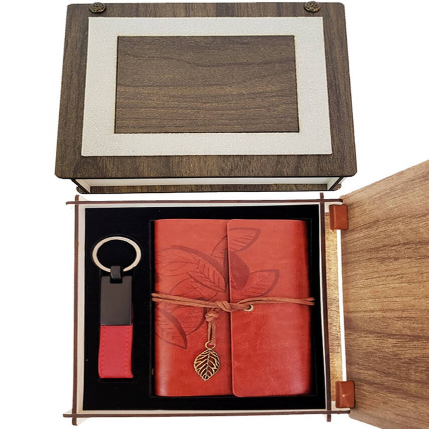 Özel Ahşap Kutulu Kiremit Rengi Deri Defter ve Anahtarlık Set - 1