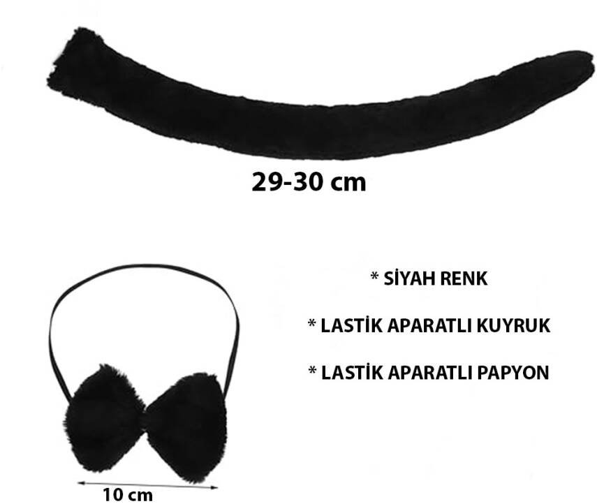 Peluş Siyah Renk Kuyruk ve Papyon Yetişkin Çocuk Uyumlu - 1