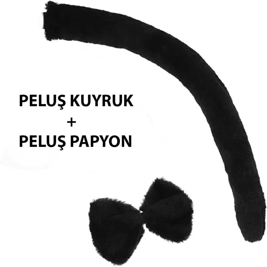 Peluş Siyah Renk Kuyruk ve Papyon Yetişkin Çocuk Uyumlu - 3