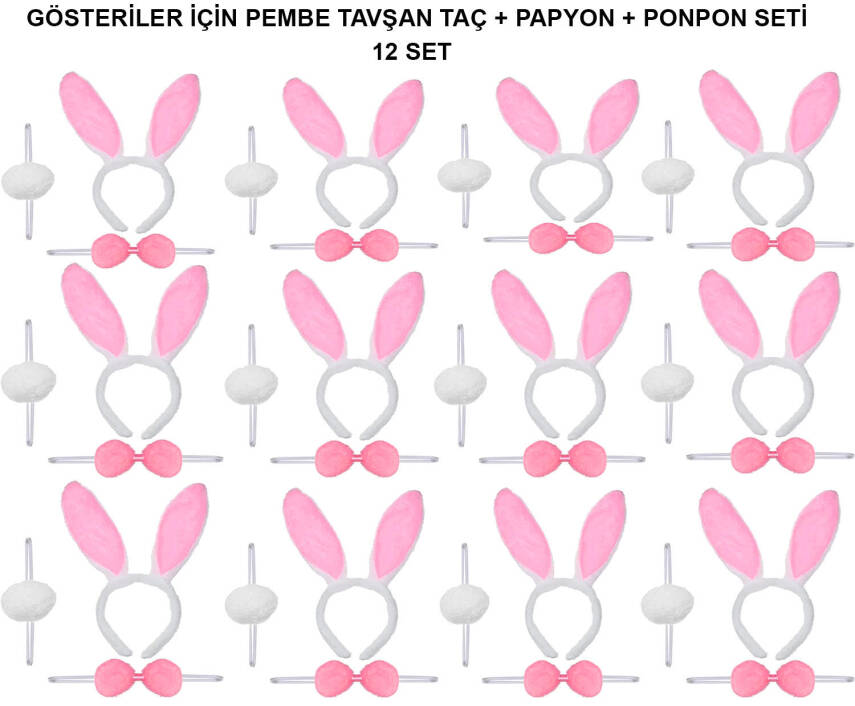Pembe Tavşan Kostüm Seti – Taç, Papyon, Ponpon (12’li Paket) - 1