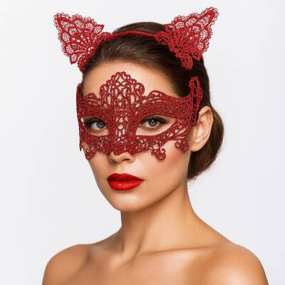 Romantik Kırmızı Dantel Maske Seti – Kedi Kulaklı Taç ve Maske No 3 - 1