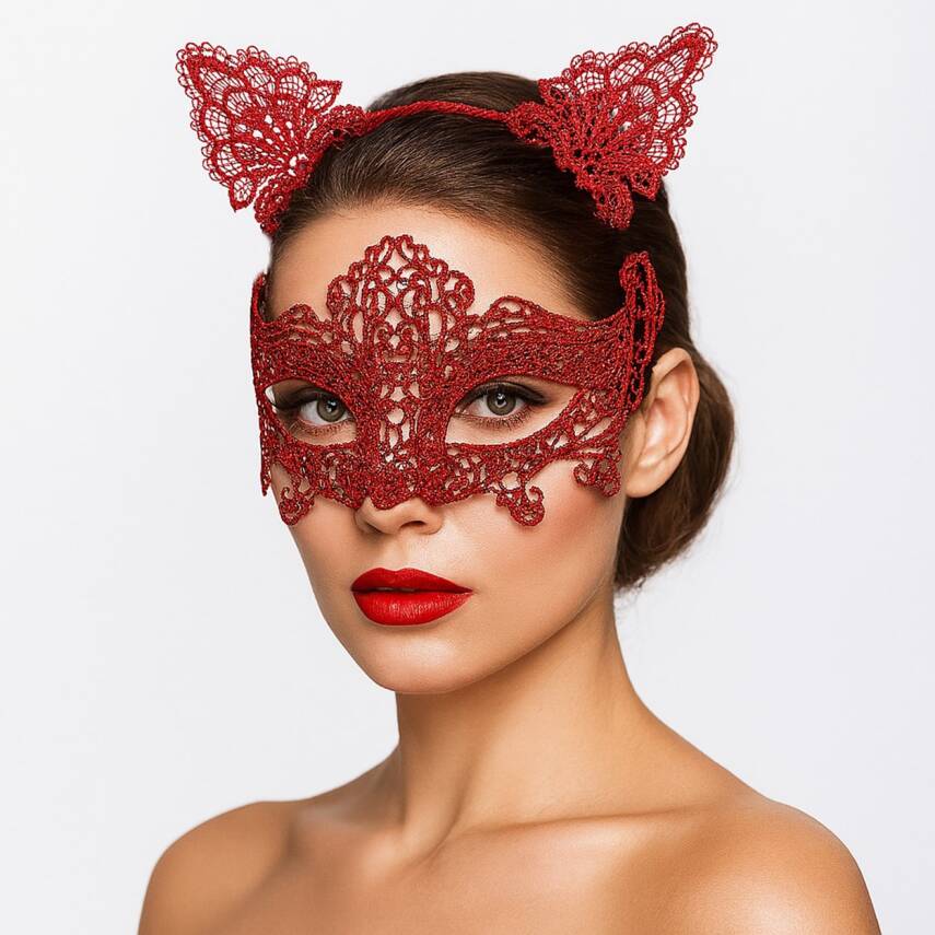 Romantik Kırmızı Dantel Maske Seti – Kedi Kulaklı Taç ve Maske No 3 - 1