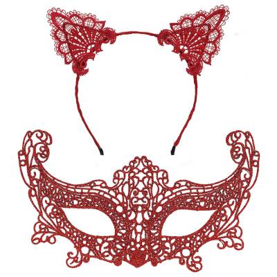 Romantik Kırmızı Dantel Maske Seti – Kedi Kulaklı Taç ve Maske No 3 - 2