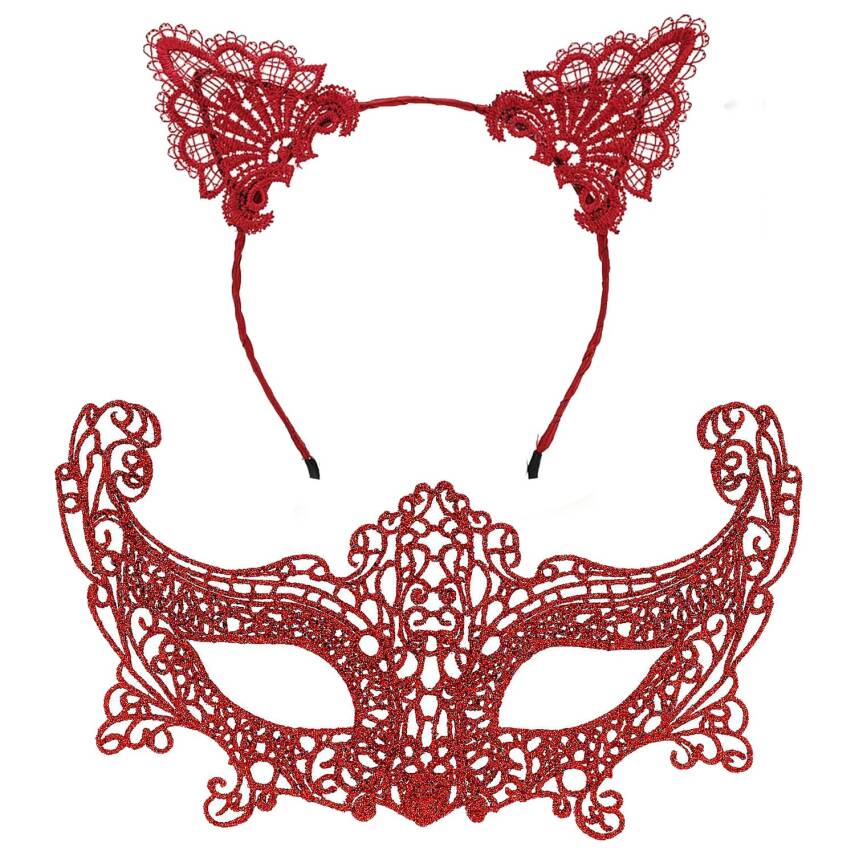 Romantik Kırmızı Dantel Maske Seti – Kedi Kulaklı Taç ve Maske No 3 - 2