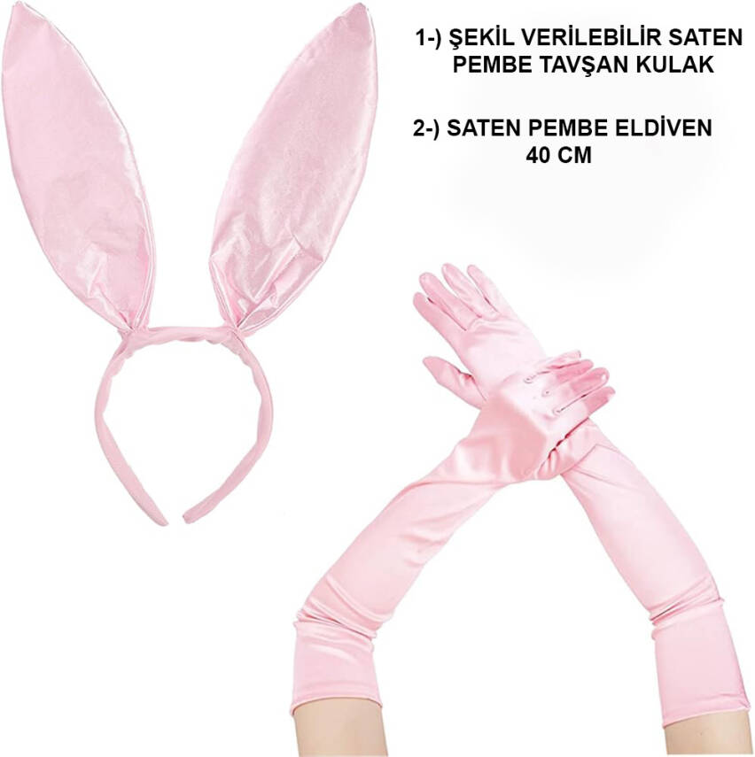 Saten Kaplama Soft Pembe Eldiven ve Tavşan Kulak 2'li Set - 1