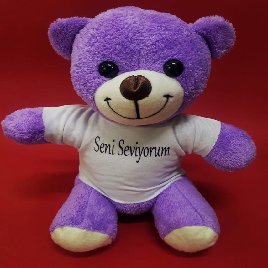 Seni Seviyorum Tişörtlü Mor Peluş Ayıcık - 1