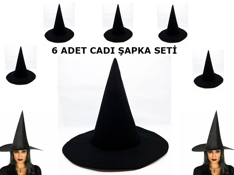 Siyah Cadı Şapkası Keçe Yetişkin Boy 6 Adet - 1